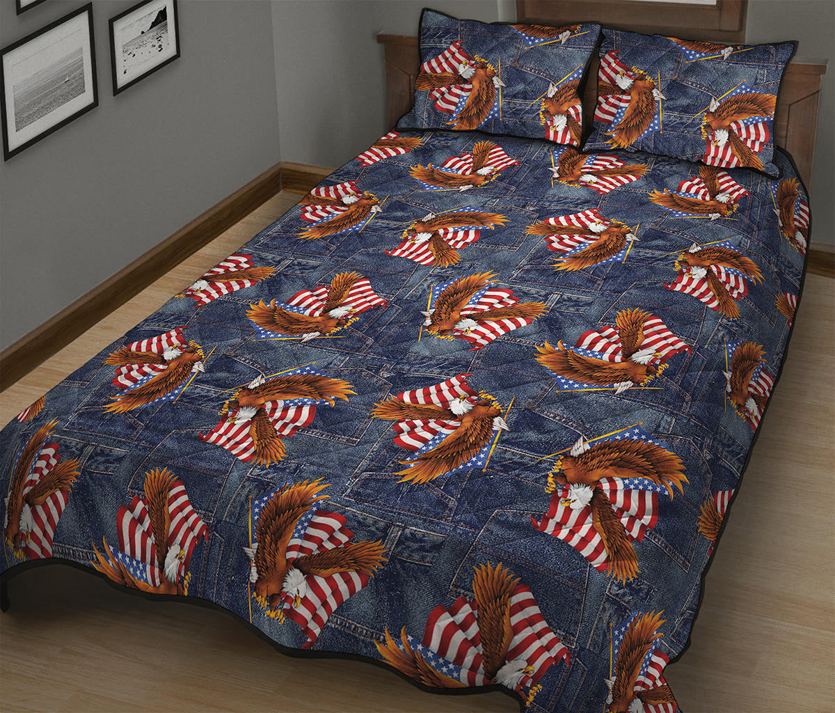 Denim American Eagle Pattern Print Quilt Bed Set