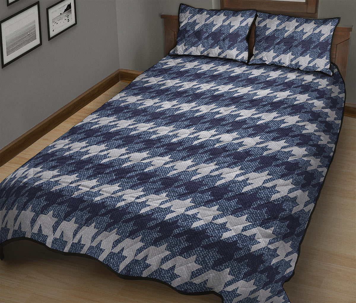 Denim Houndstooth Pattern Print Quilt Bed Set