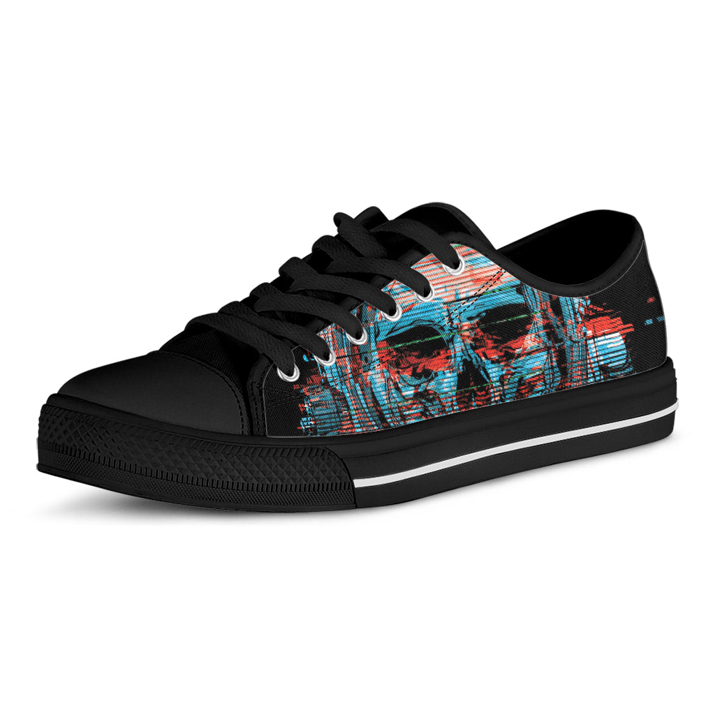 Digital Glitch Astronaut Skull Print Black Low Top Shoes