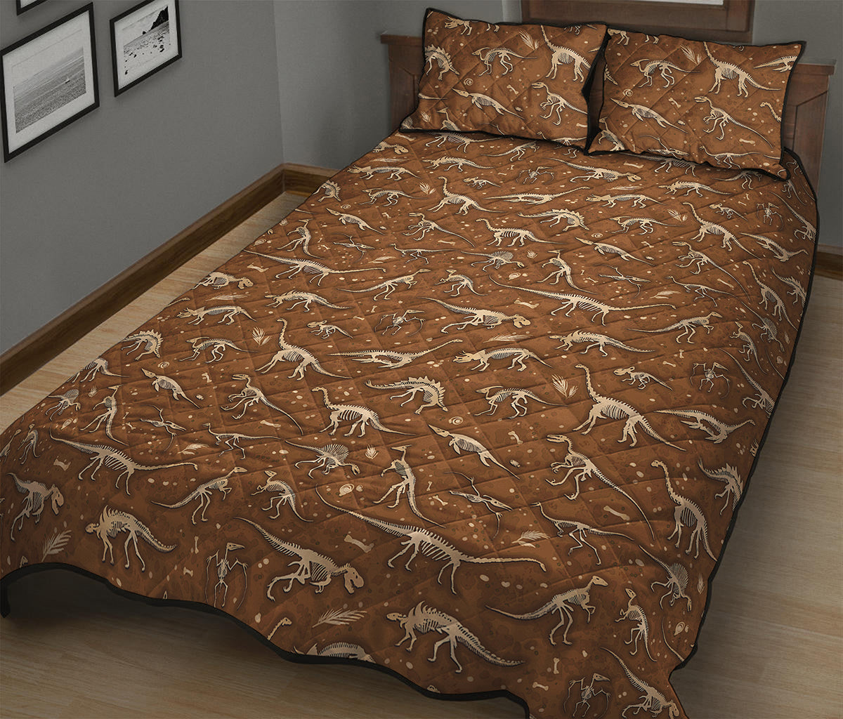 Dino Skeleton Fossil Pattern Print Quilt Bed Set
