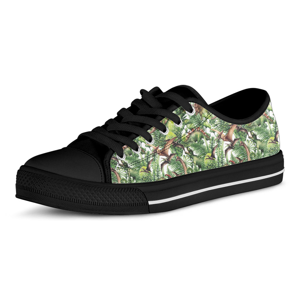 Dinosaur And Prehistoric Plants Print Black Low Top Shoes