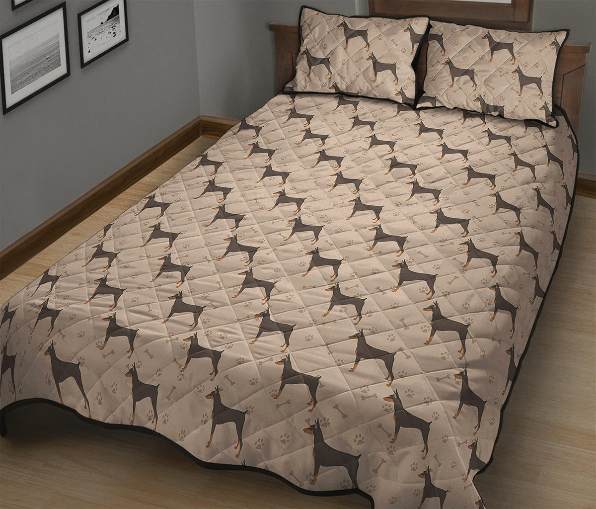 Doberman Pinscher Pattern Print Quilt Bed Set