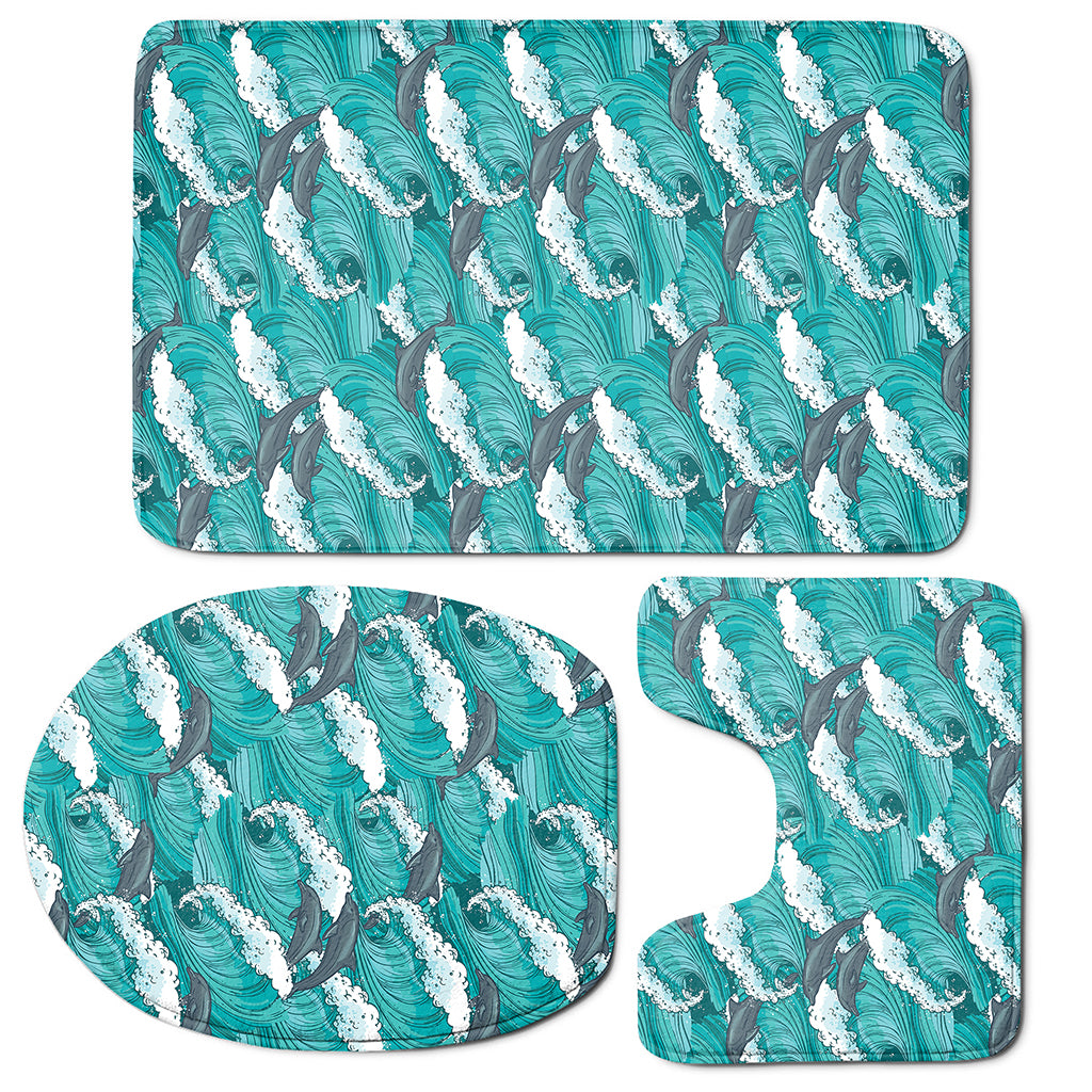 Dolphin Riding Waves Pattern Print 3 Piece Bath Mat Set