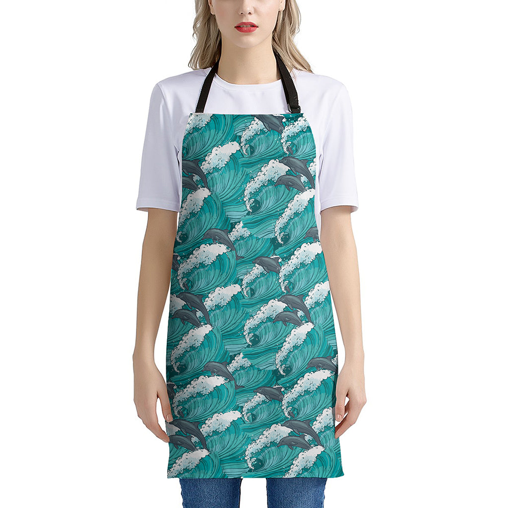 Dolphin Riding Waves Pattern Print Apron