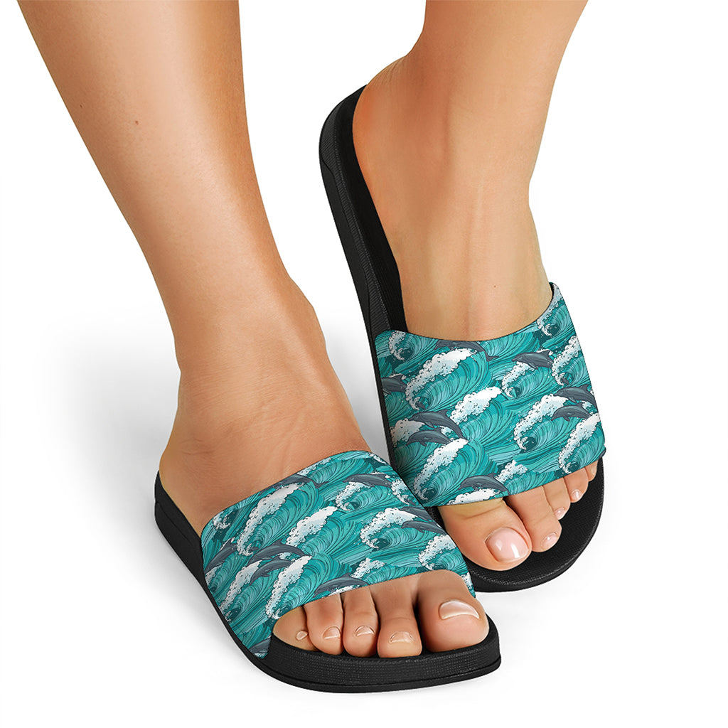 Dolphin Riding Waves Pattern Print Black Slide Sandals