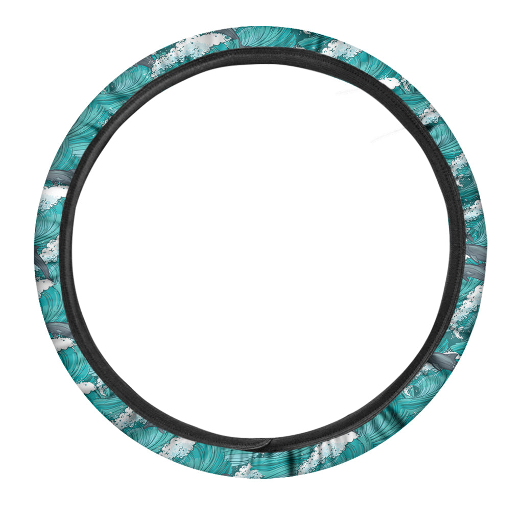 Dolphin Riding Waves Pattern Print Car Steering Wheel Cover