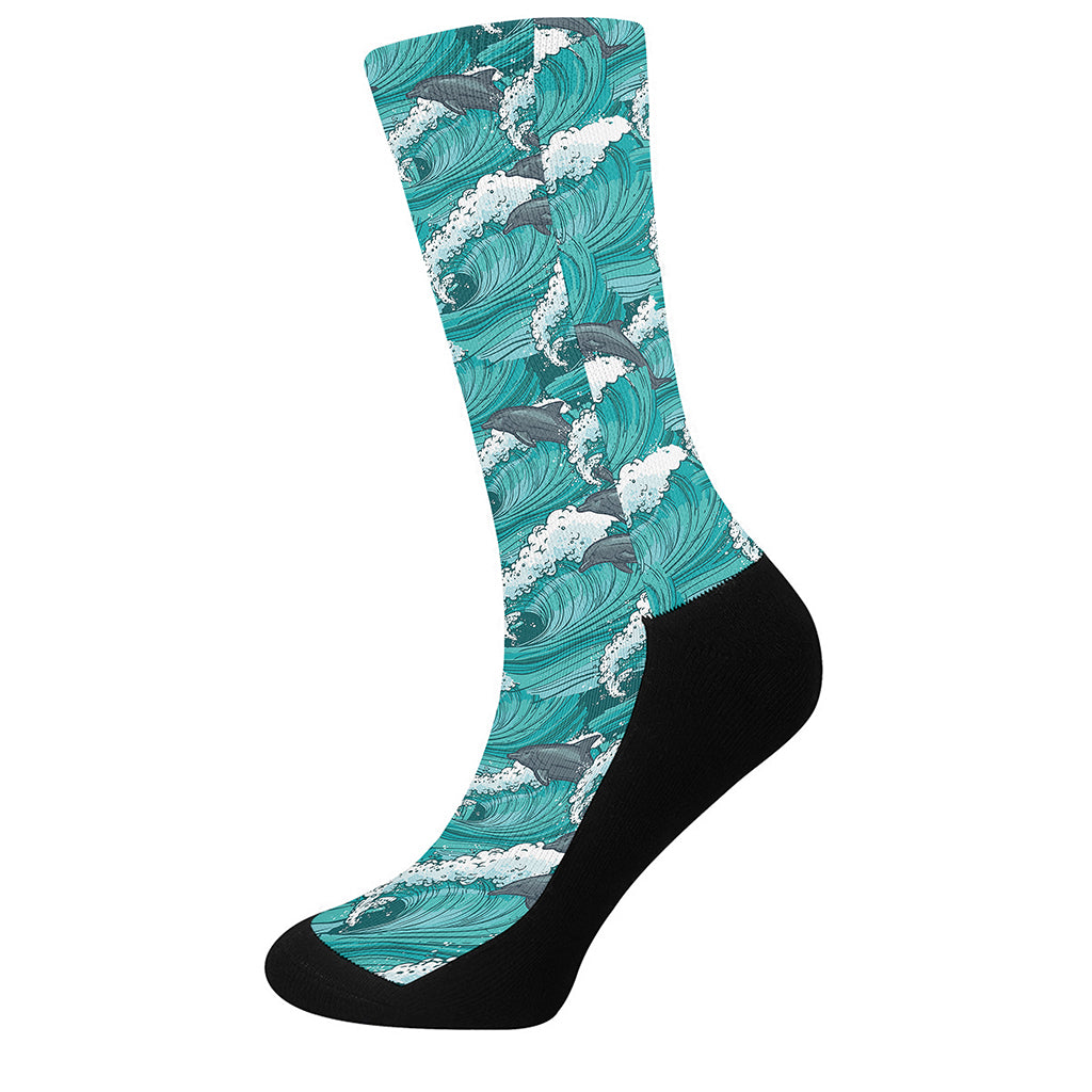 Dolphin Riding Waves Pattern Print Crew Socks