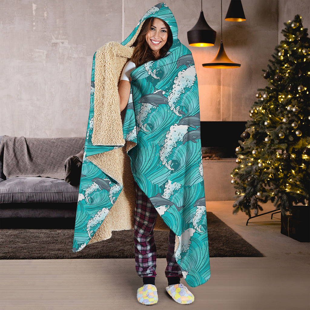 Dolphin Riding Waves Pattern Print Hooded Blanket