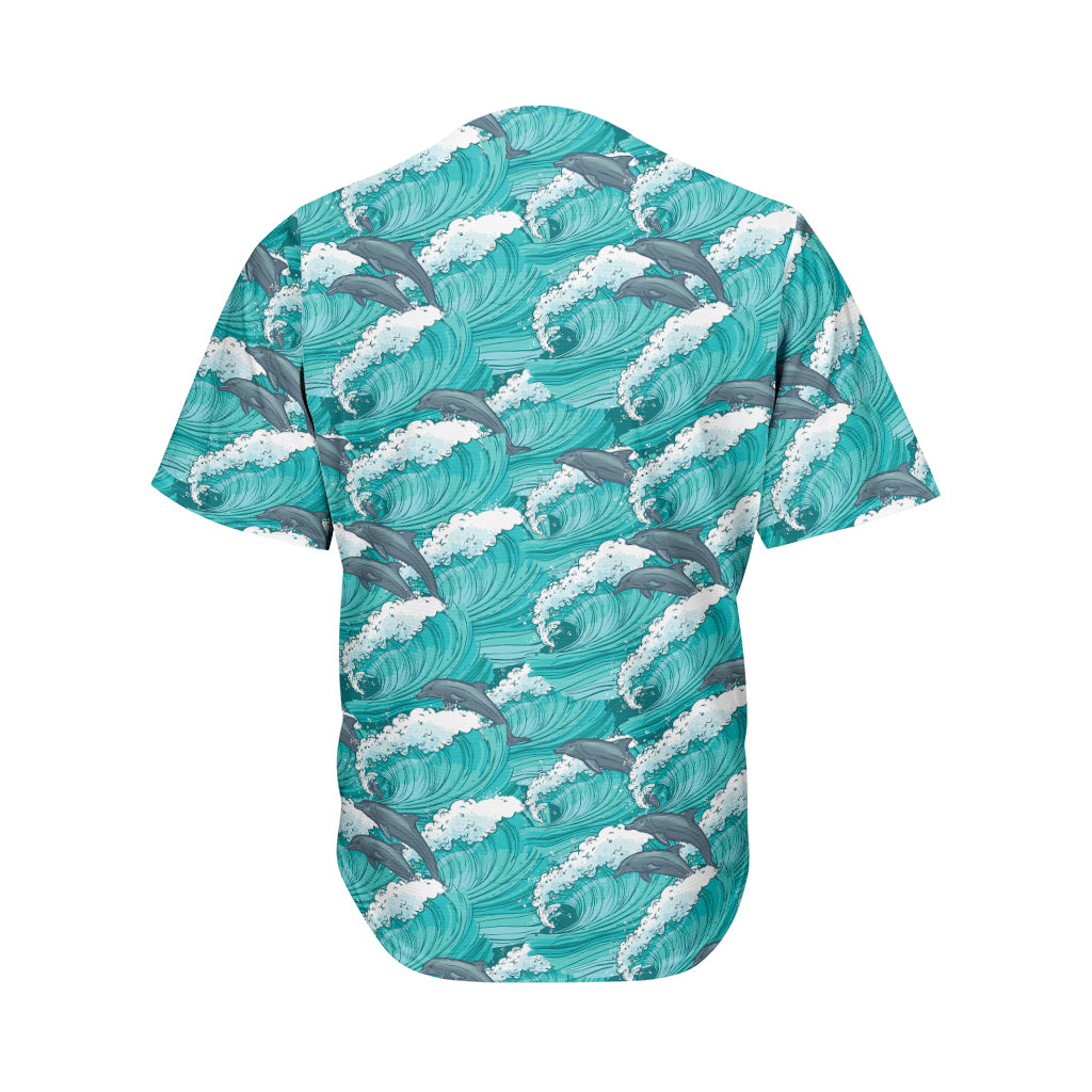 Dolphin Riding Waves Pattern Print Men's Baseball Jersey
