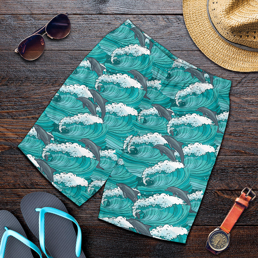 Dolphin Riding Waves Pattern Print Men's Shorts