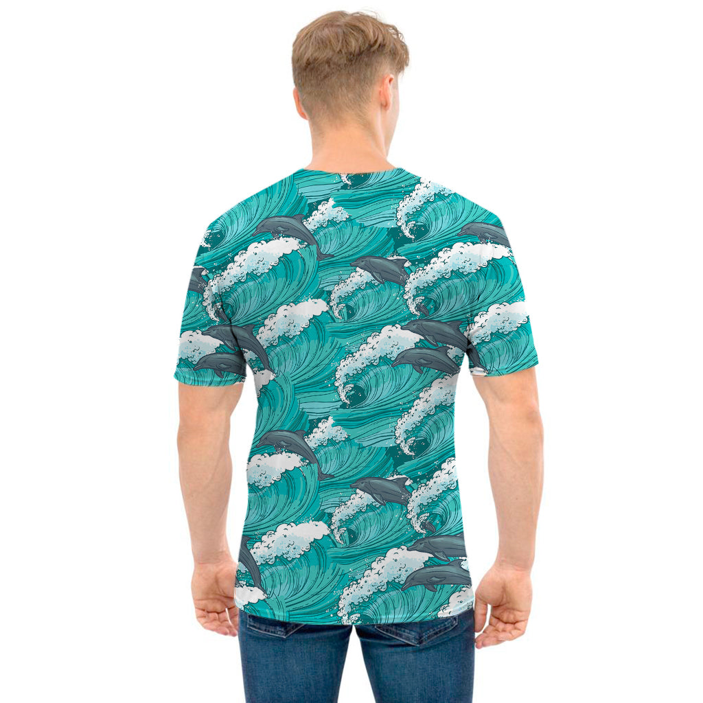 Dolphin Riding Waves Pattern Print Men's T-Shirt