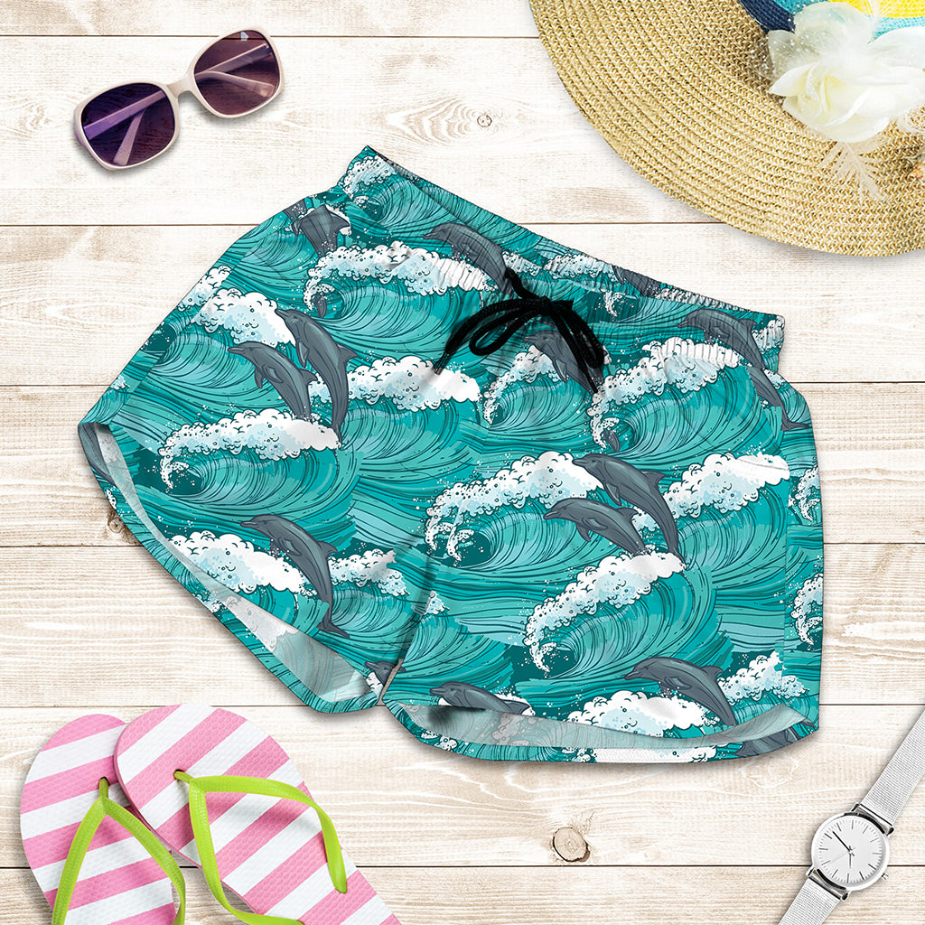 Dolphin Riding Waves Pattern Print Women's Shorts