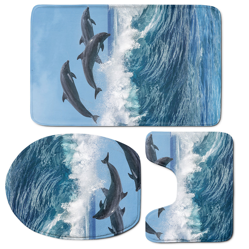 Dolphins Jumping Over Waves Print 3 Piece Bath Mat Set