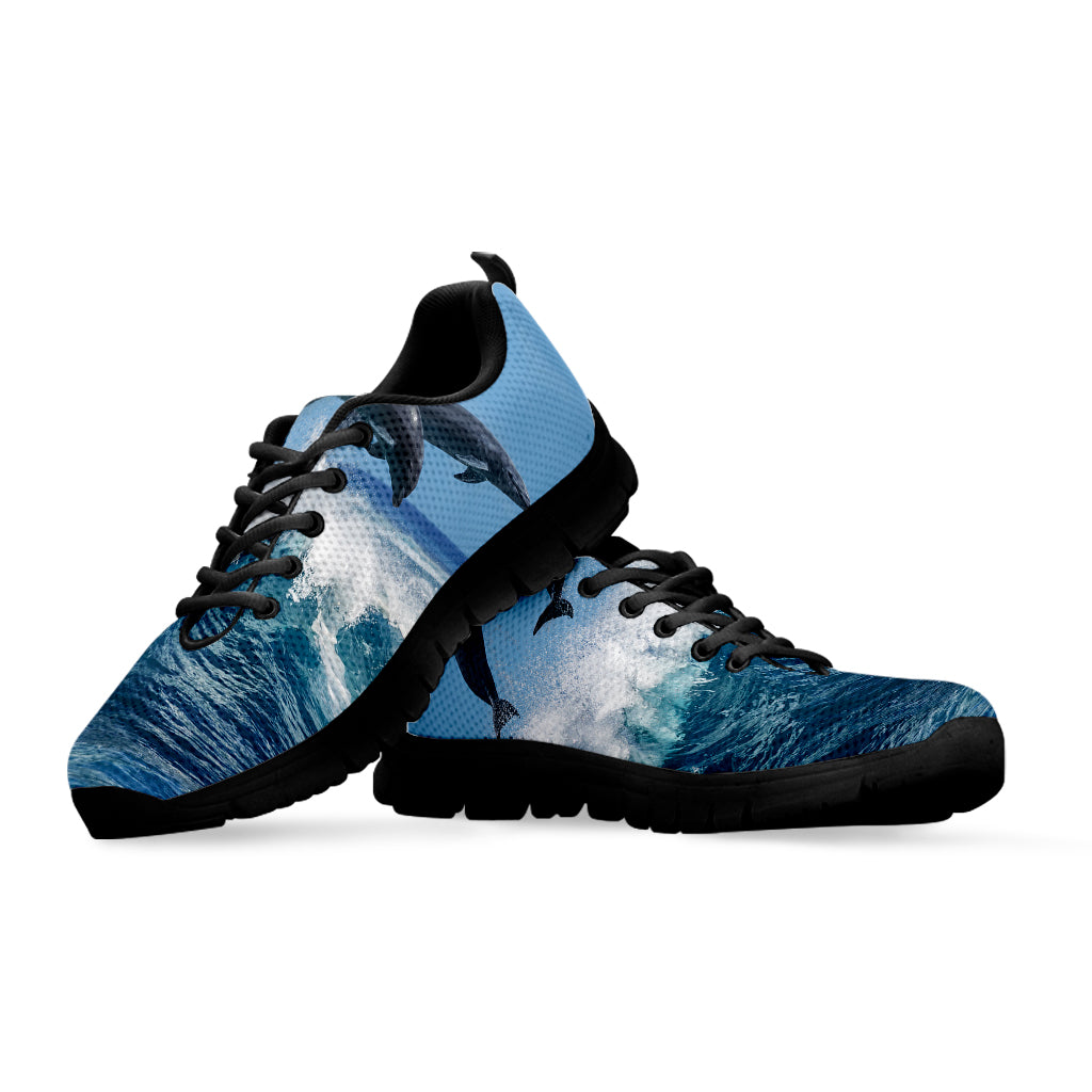 Dolphins Jumping Over Waves Print Black Sneakers