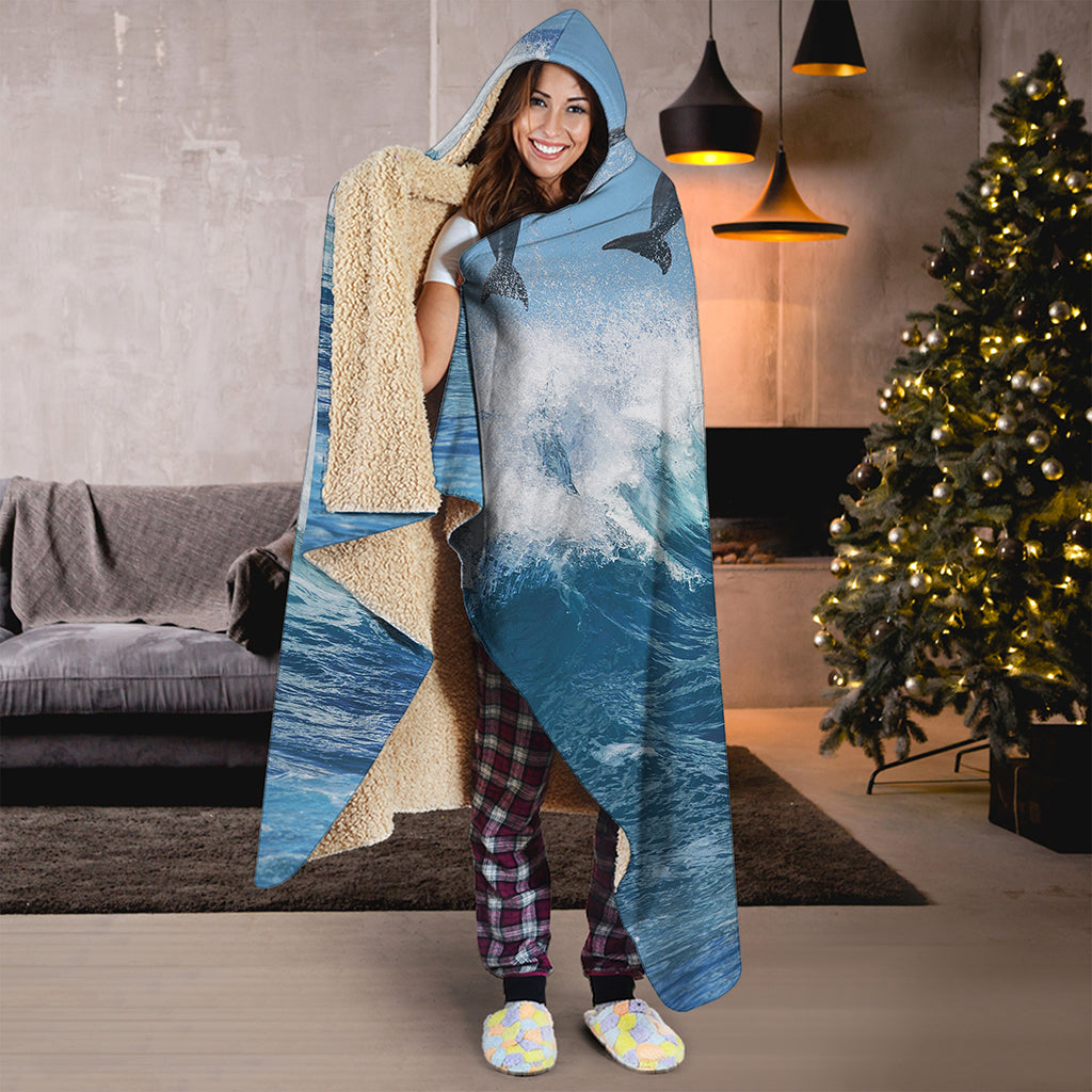 Dolphins Jumping Over Waves Print Hooded Blanket