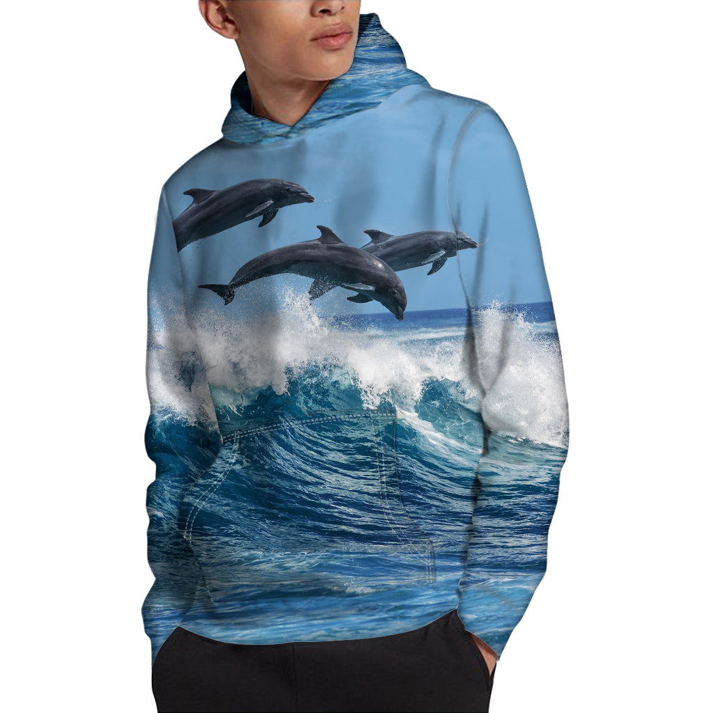 Dolphins Jumping Over Waves Print Pullover Hoodie
