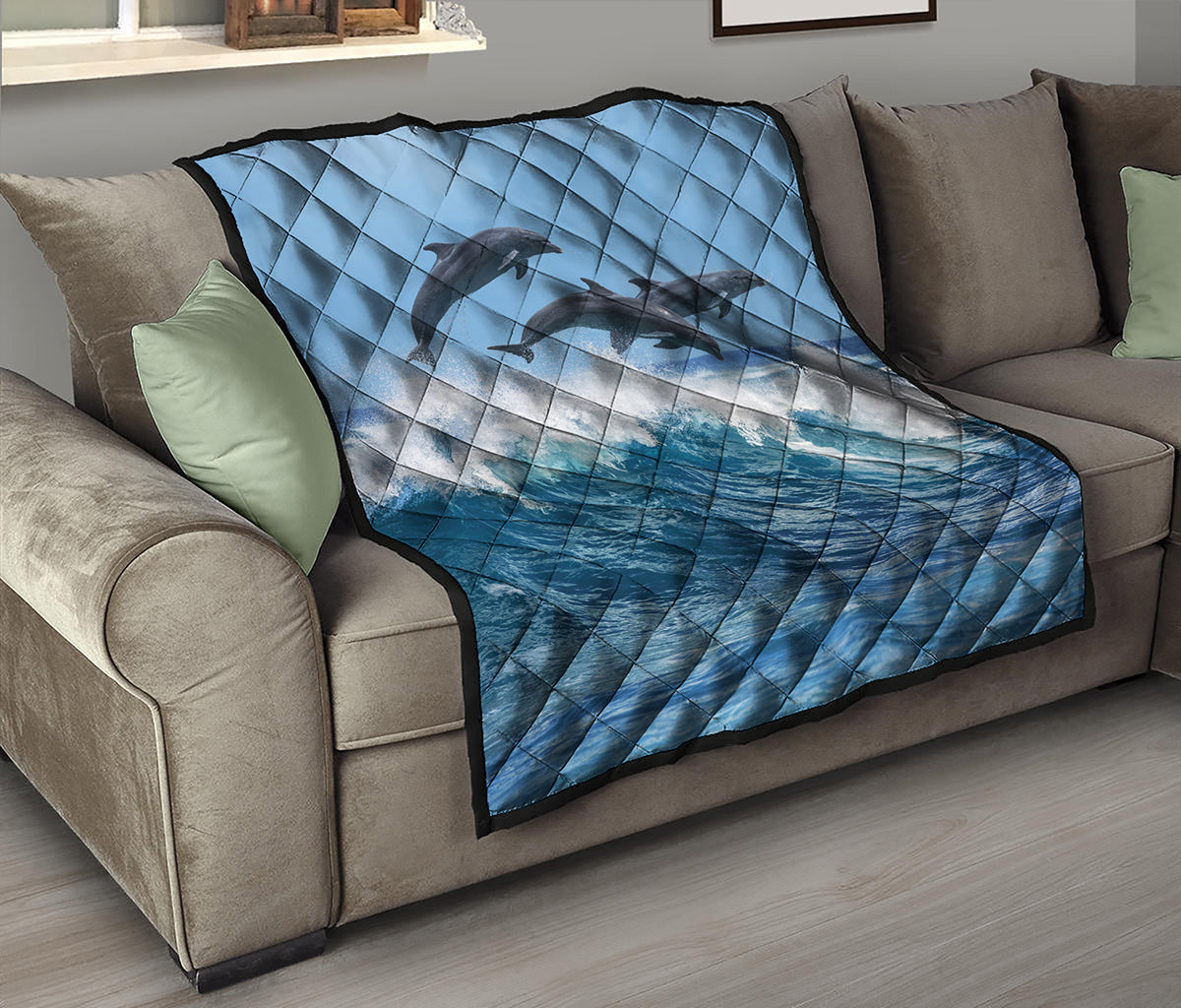 Dolphins Jumping Over Waves Print Quilt