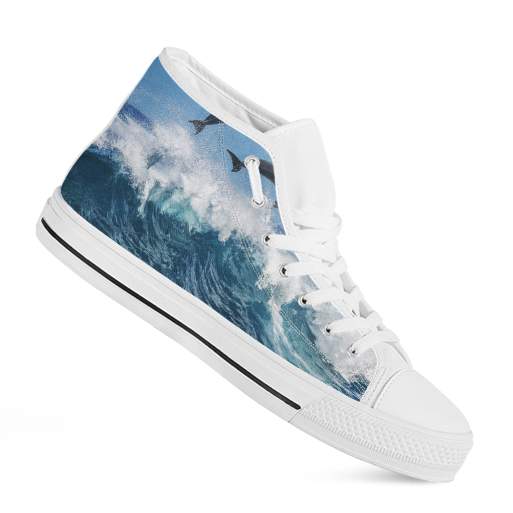 Dolphins Jumping Over Waves Print White High Top Shoes