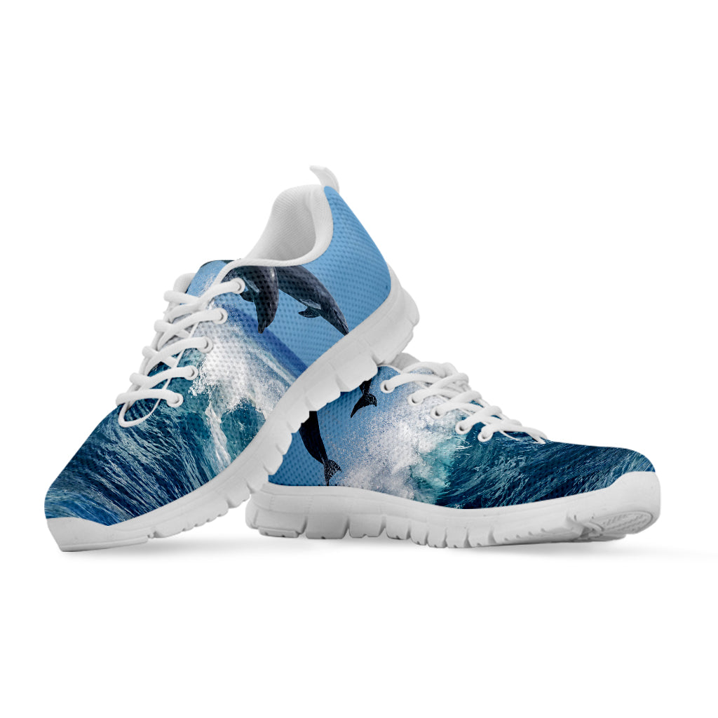 Dolphins Jumping Over Waves Print White Sneakers