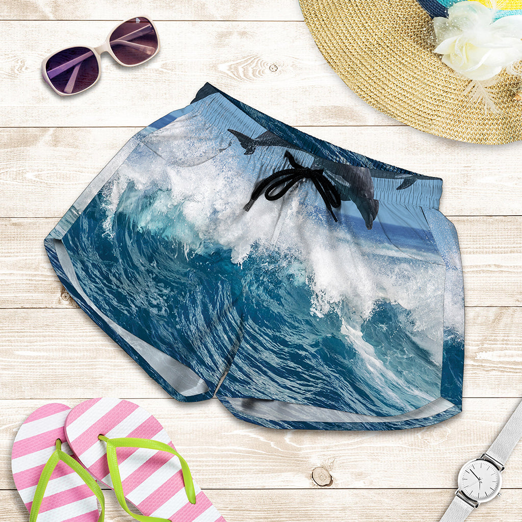Dolphins Jumping Over Waves Print Women's Shorts