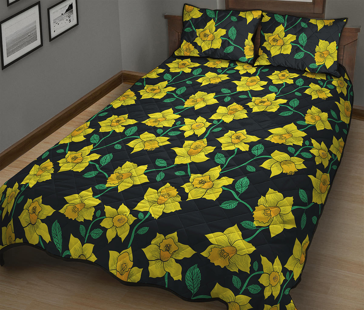 Drawing Daffodil Flower Pattern Print Quilt Bed Set