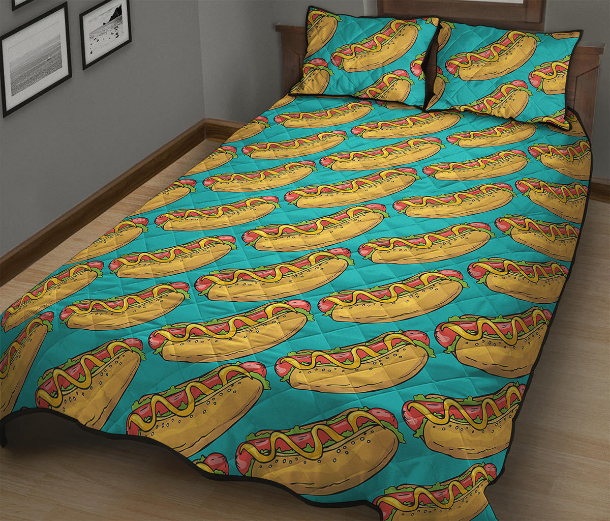 Drawing Hot Dog Pattern Print Quilt Bed Set