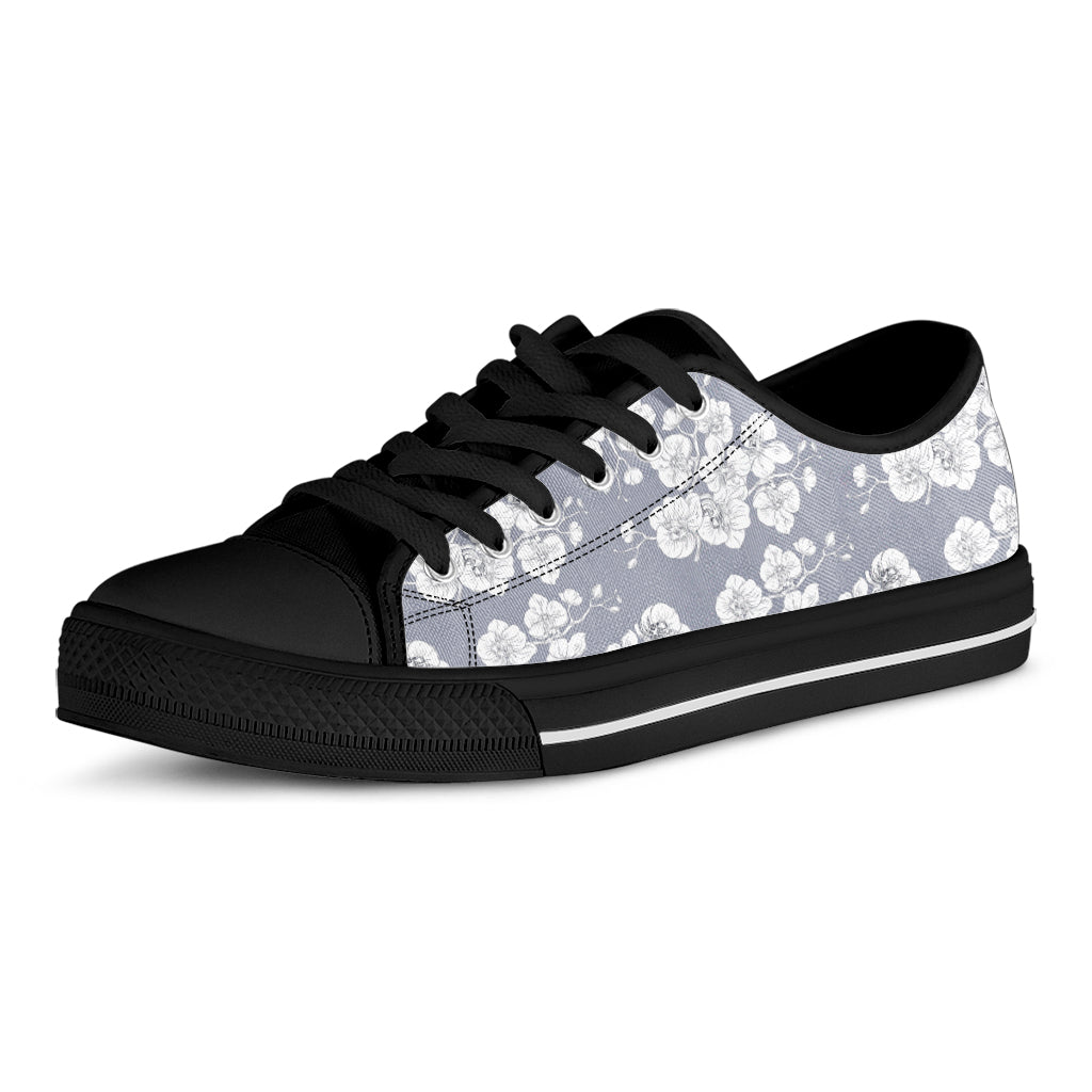 Drawing Orchid Pattern Print Black Low Top Shoes