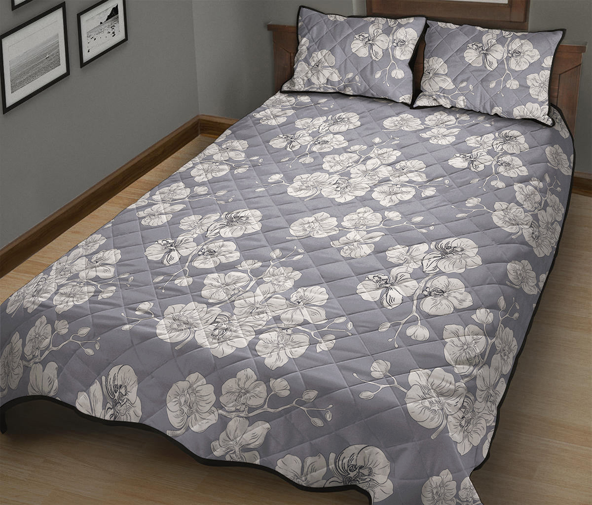 Drawing Orchid Pattern Print Quilt Bed Set