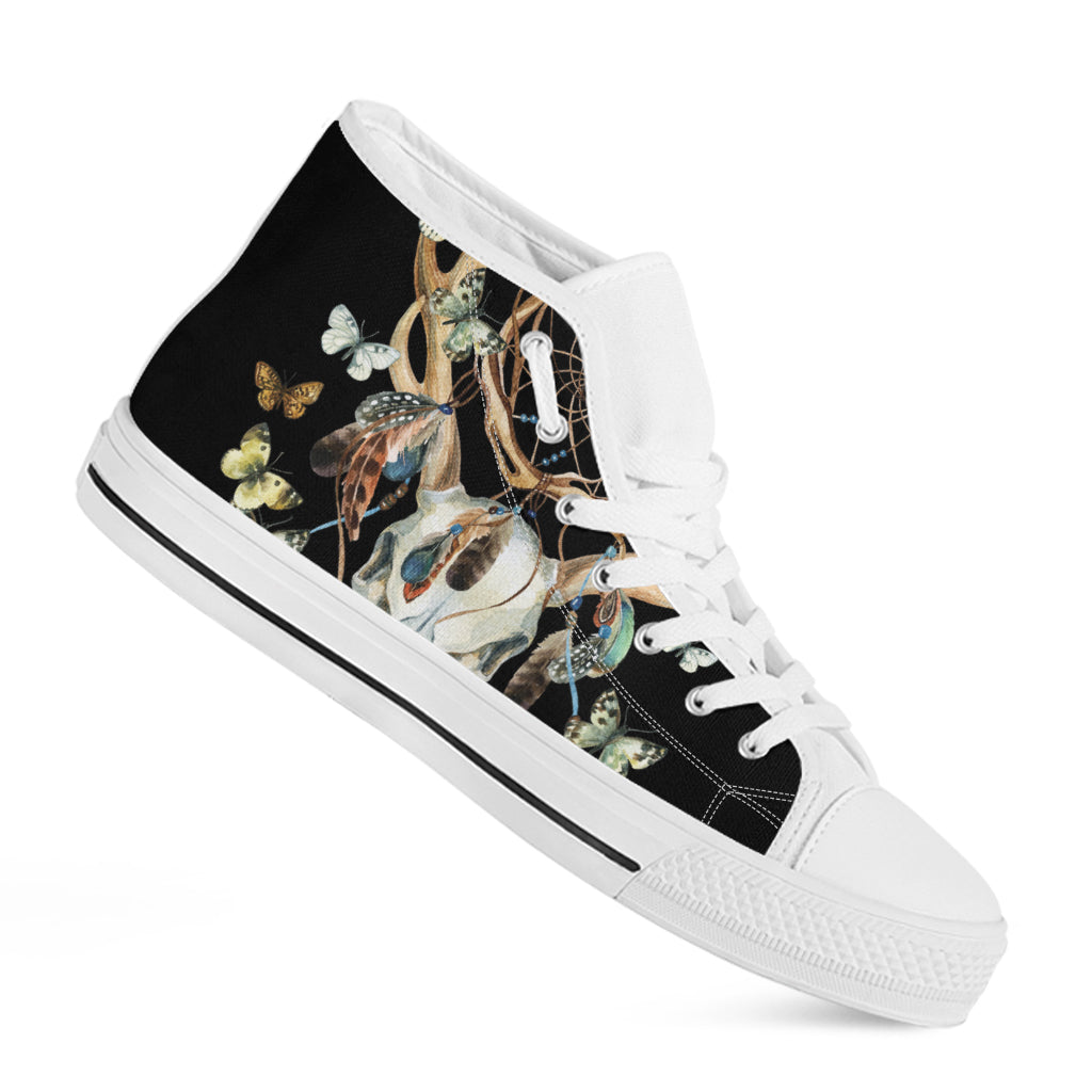 Dreamcatcher Deer Skull Print White High Top Shoes