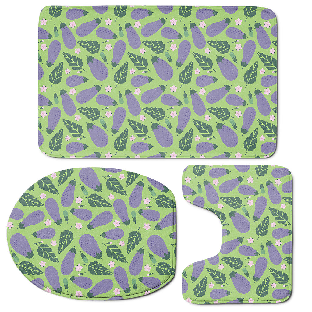 Eggplant With Leaves And Flowers Print 3 Piece Bath Mat Set