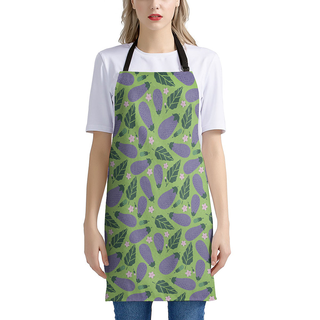 Eggplant With Leaves And Flowers Print Apron