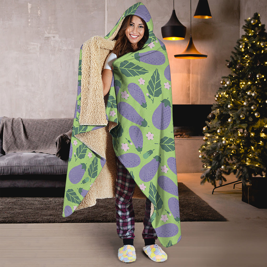 Eggplant With Leaves And Flowers Print Hooded Blanket