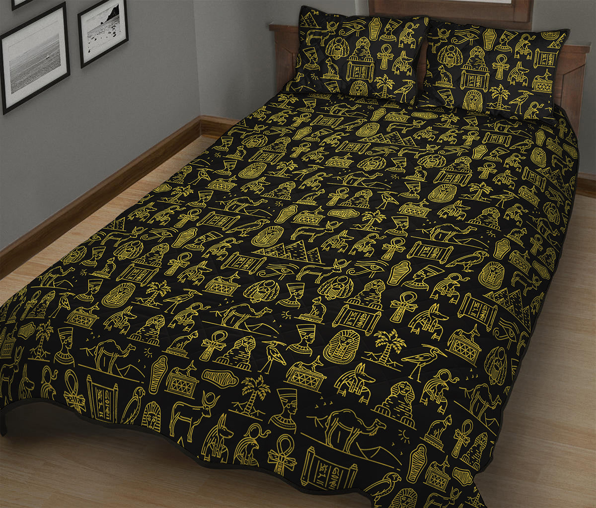 Egyptian Symbols Pattern Print Quilt Bed Set