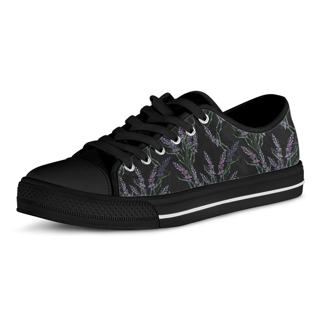 Embroidery Lavender Pattern Print Black Low Top Shoes