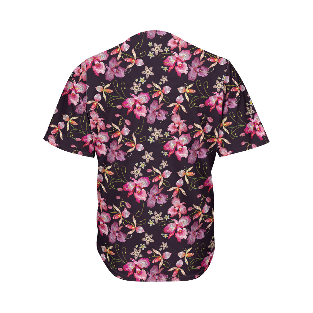 Embroidery Orchid Flower Pattern Print Men's Baseball Jersey