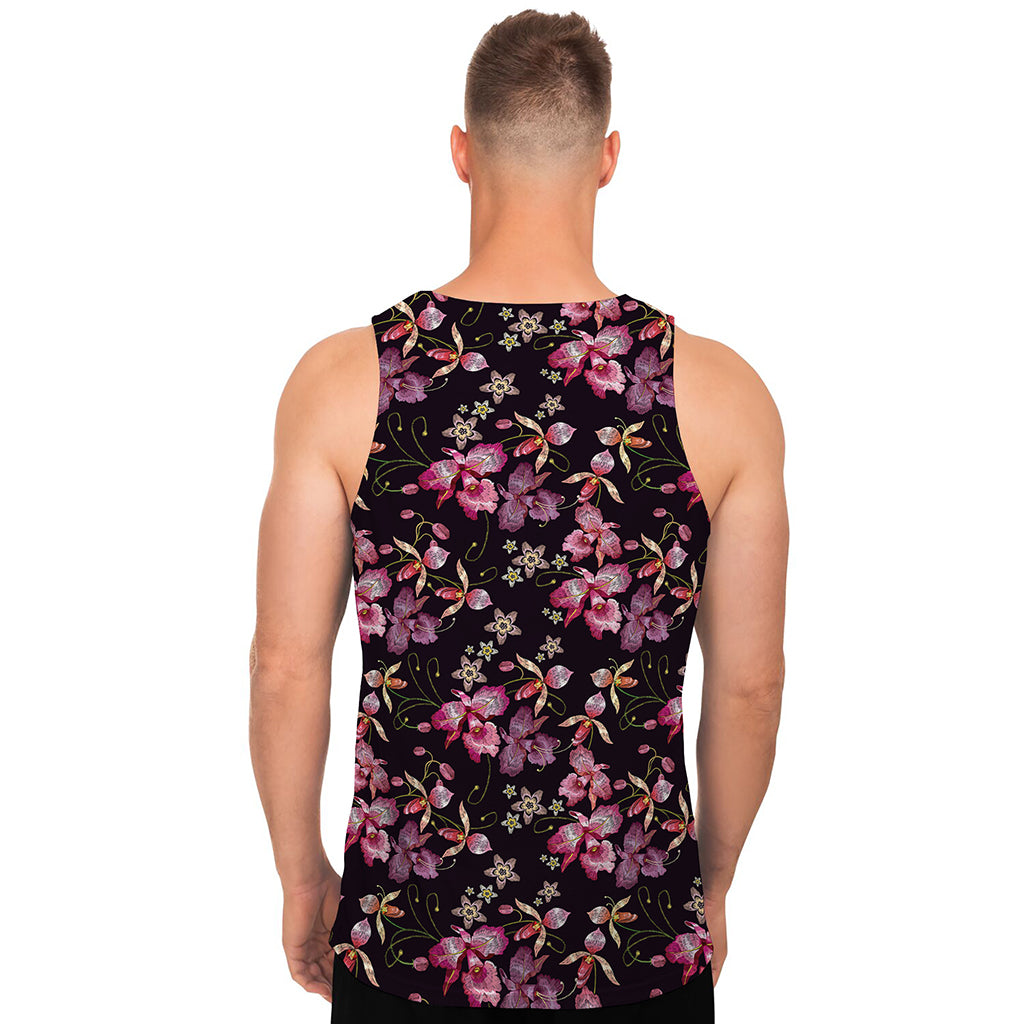 Embroidery Orchid Flower Pattern Print Men's Tank Top