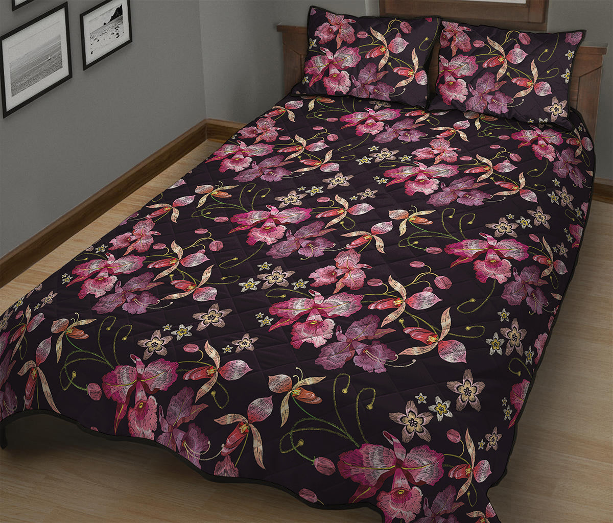 Embroidery Orchid Flower Pattern Print Quilt Bed Set