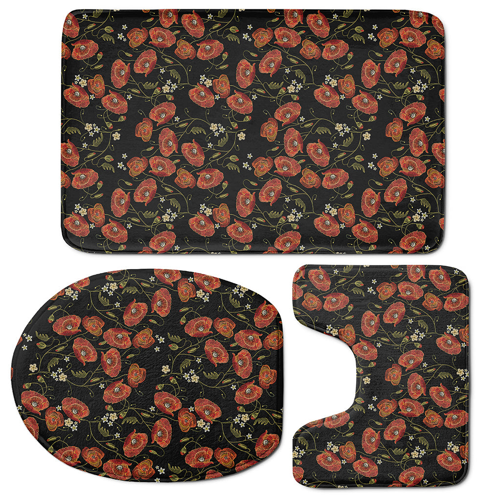 Embroidery Poppy Pattern Print 3 Piece Bath Mat Set
