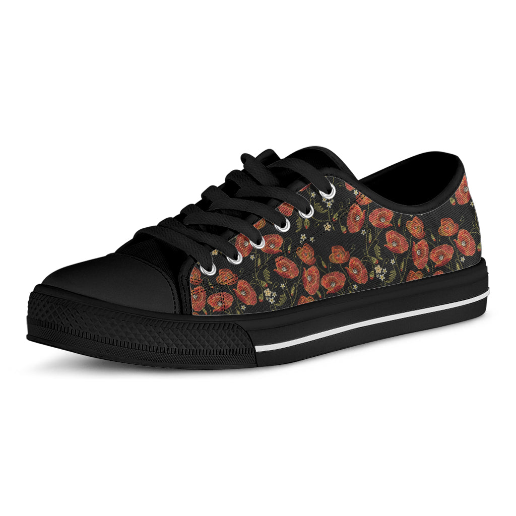 Embroidery Poppy Pattern Print Black Low Top Shoes