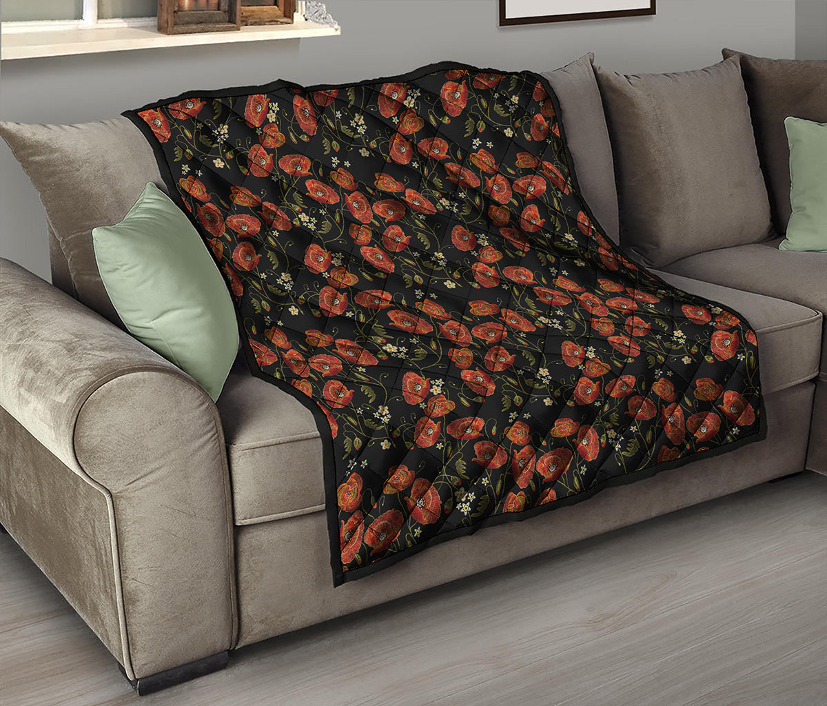Embroidery Poppy Pattern Print Quilt