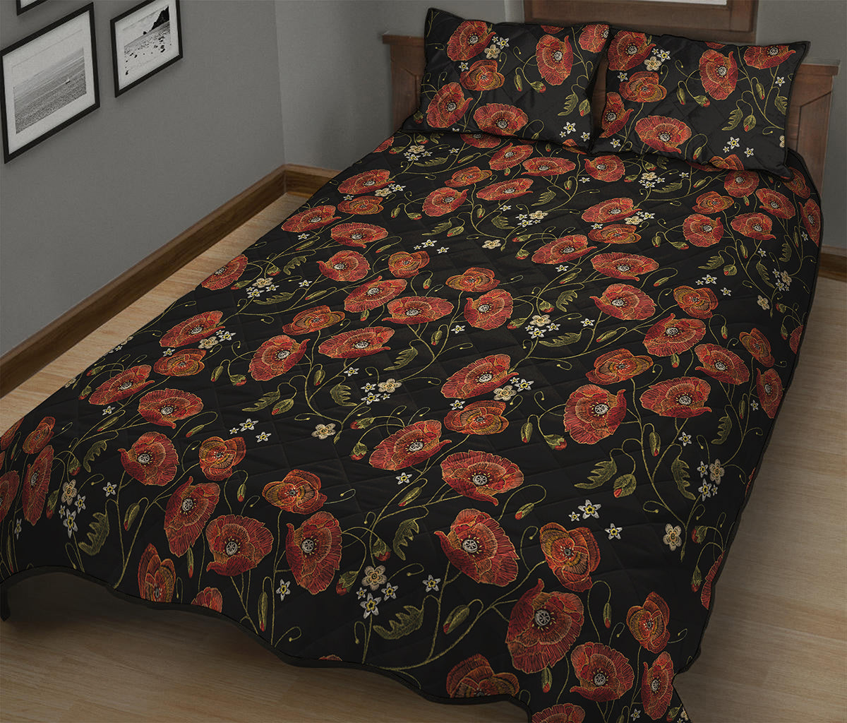 Embroidery Poppy Pattern Print Quilt Bed Set