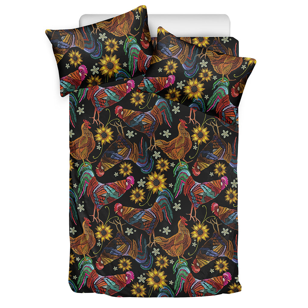 Embroidery Rooster Pattern Print Duvet Cover Bedding Set