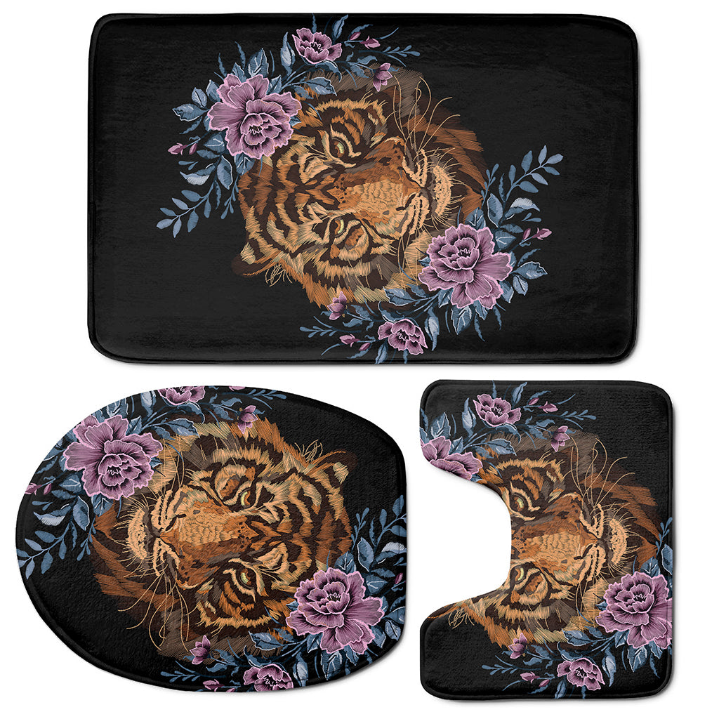 Embroidery Tiger And Flower Print 3 Piece Bath Mat Set