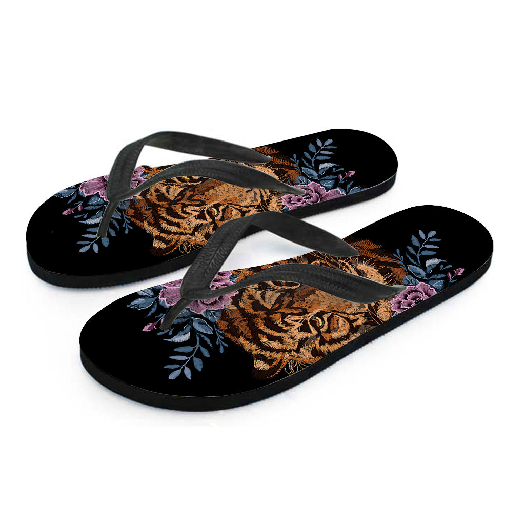 Embroidery Tiger And Flower Print Flip Flops