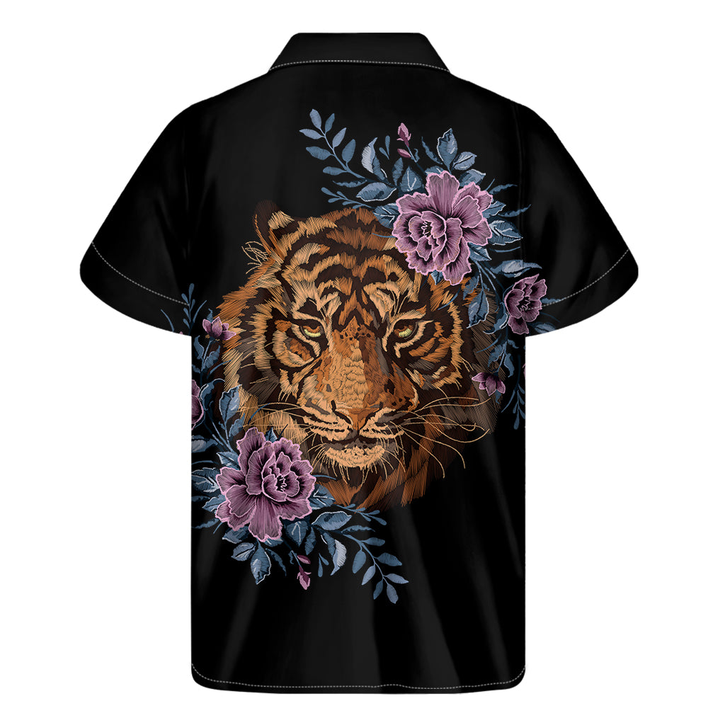 Embroidery Tiger And Flower Print Men's Short Sleeve Shirt