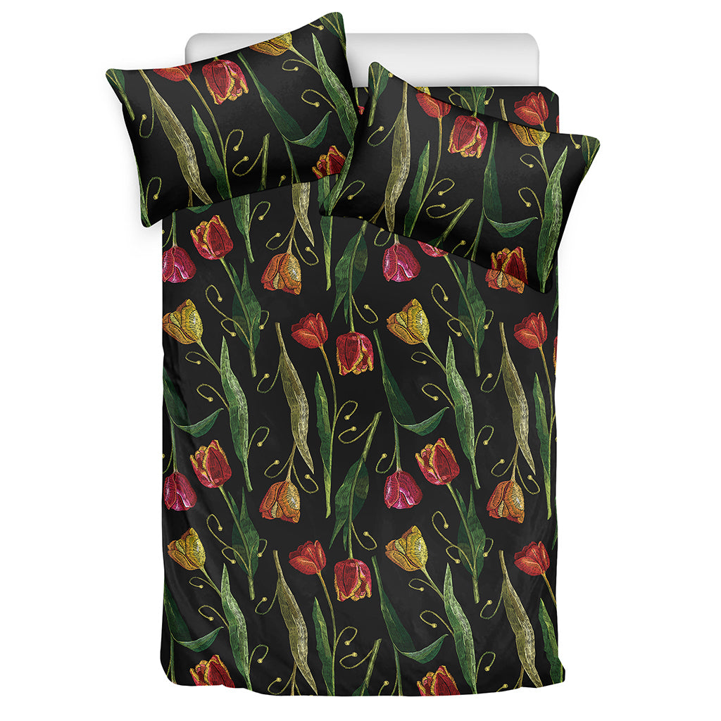 Embroidery Tulip Pattern Print Duvet Cover Bedding Set