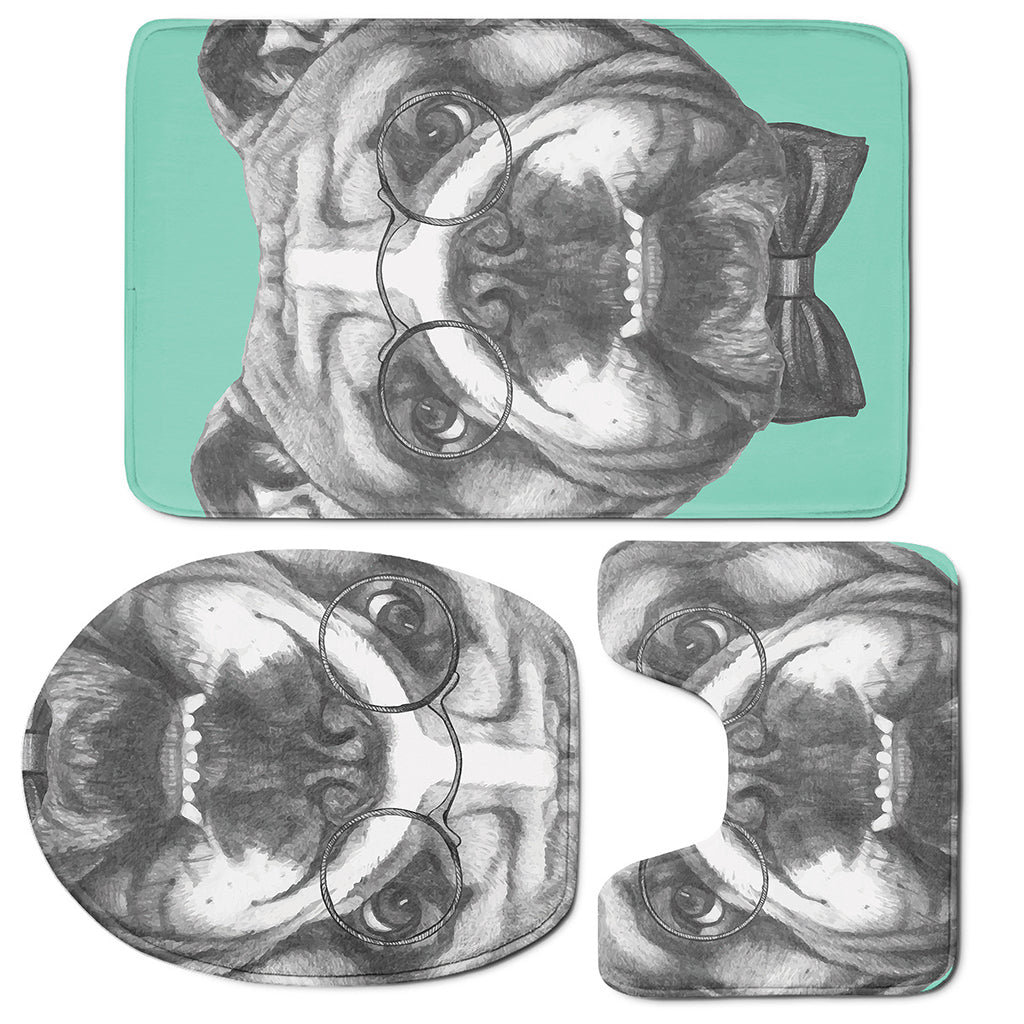 English Bulldog With Glasses Print 3 Piece Bath Mat Set