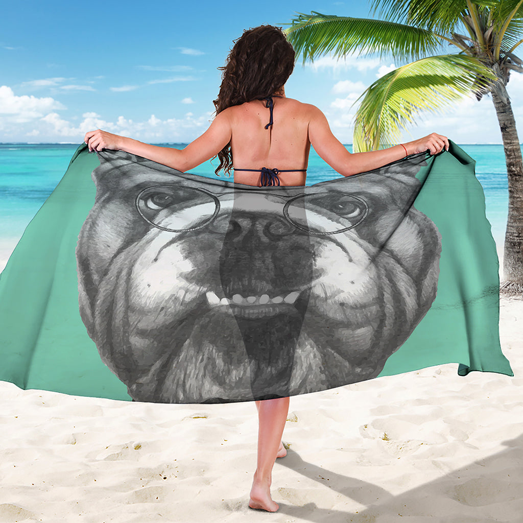 English Bulldog With Glasses Print Beach Sarong Wrap