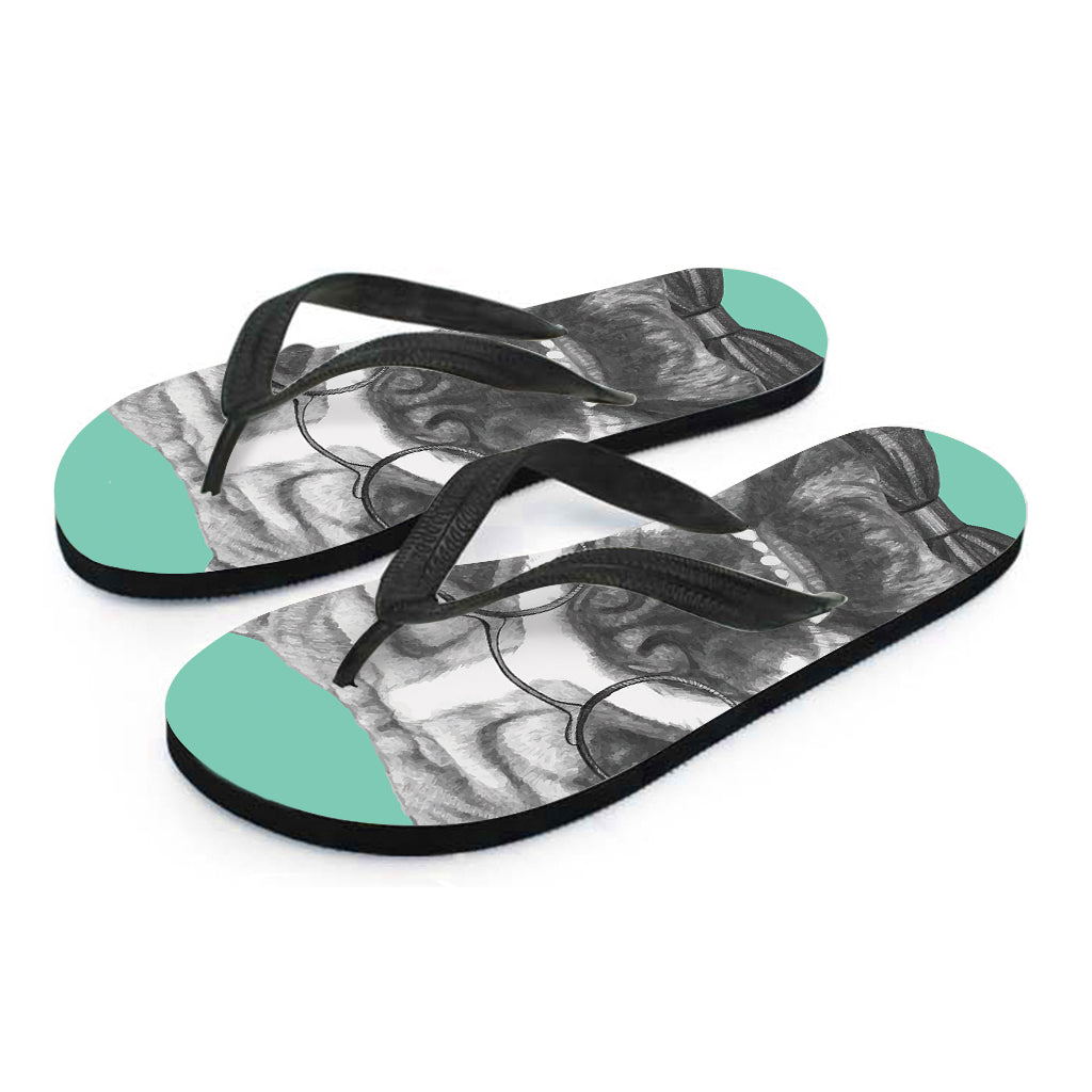 English Bulldog With Glasses Print Flip Flops