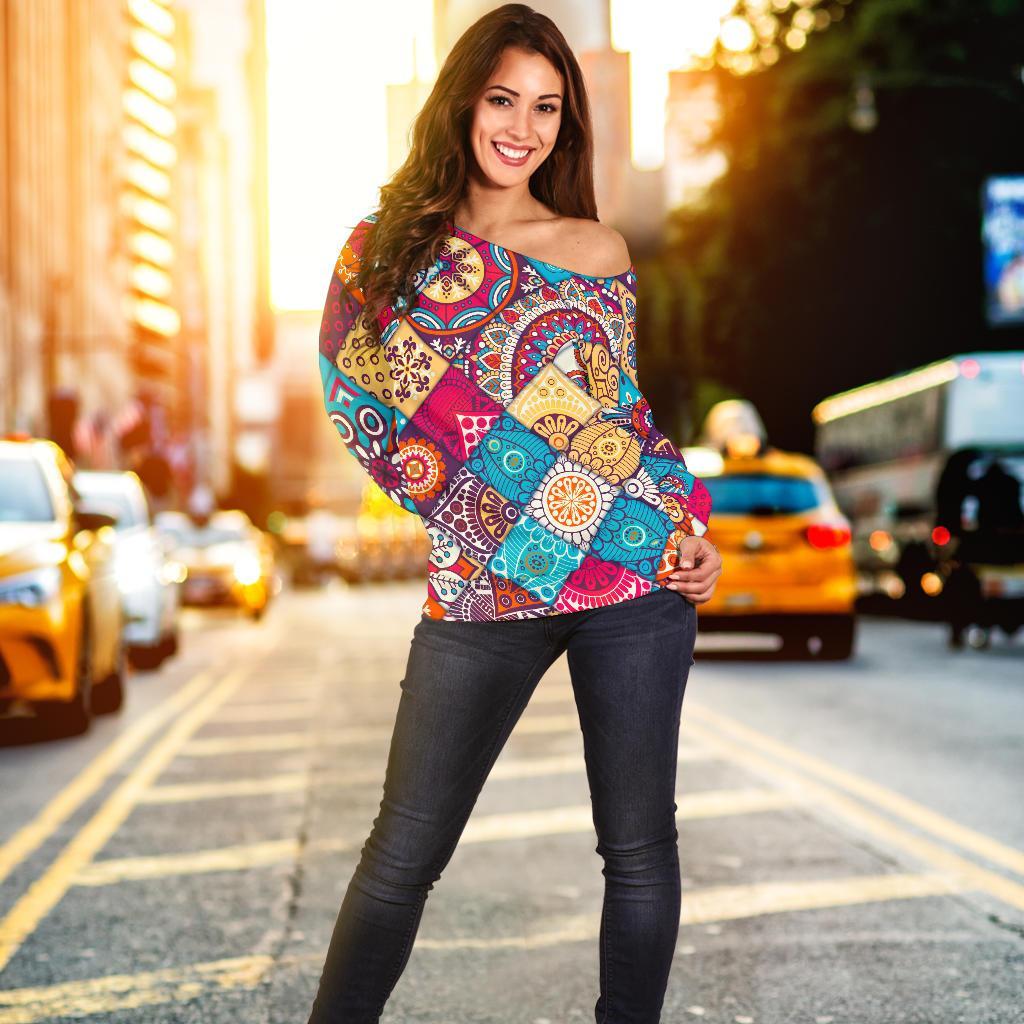 Ethnic Bohemian Mandala Pattern Print Off Shoulder Sweatshirt GearFrost